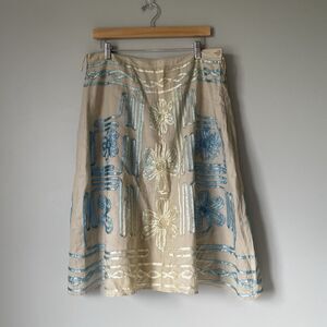 Vtg. Carole Little 100% Linen Embroidered Midi Skirt Beige Blue Women's Large